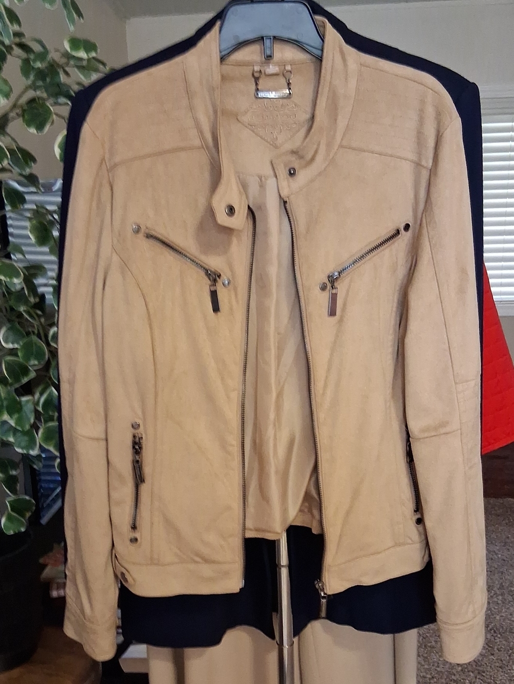 Jou Jou Beige Suede Moto Jacket with Zip Accents